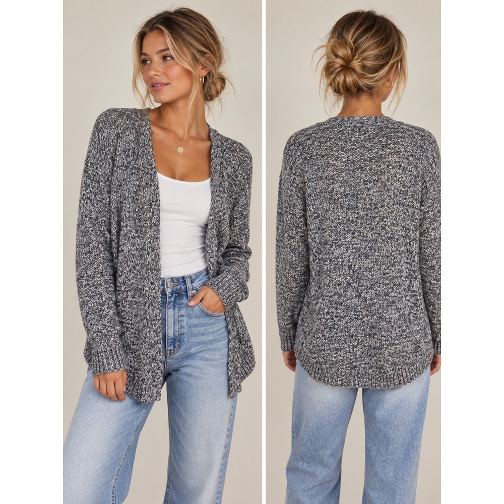 Loft Gray Marl Open Front Cardigan Sweater XS Speckled Knit Curved Hem P98